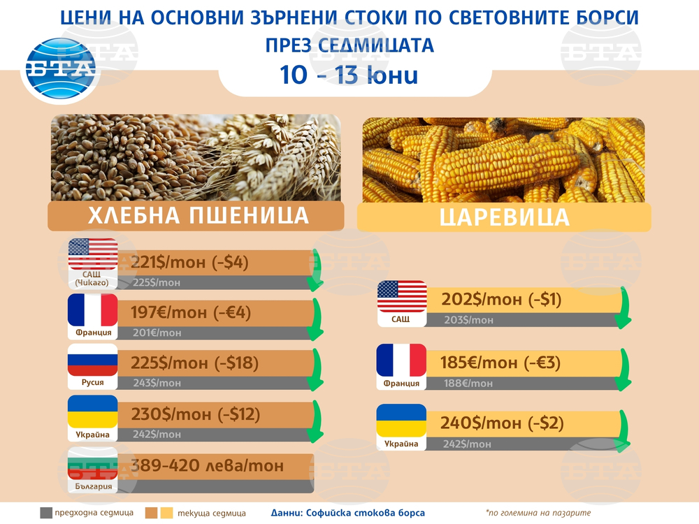 Цените на повечето зърнени стоки продължават да вървят надолу по световните борси и тази седмица, отчитат експертите на ССБ
