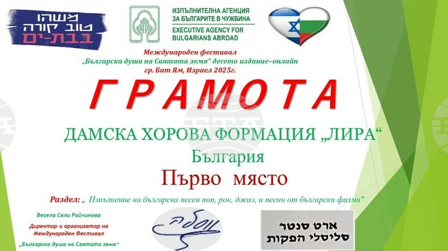 Дамската хорова формация „Лира“ от Нови пазар спечели първа награда на Международния фестивал „Българска душа на Светата земя“ в Израел
