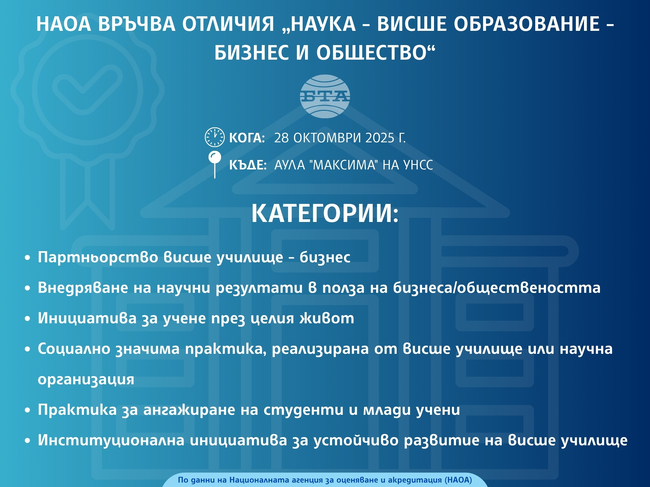 НАОА връчва отличия „Наука - висше образование - бизнес и общество“