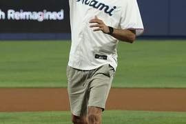 Detroit Tigers' Miguel Cabrera (24) holds his right wrist after batting  during the second inning of a baseball game against the Miami Marlins,  Sunday, July 30, 2023, in Miami. (AP Photo/Marta Lavandier