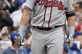 Chicago Cubs catcher Tucker Barnhart, left, celebrates with relief pitcher  Adbert Alzolay after they defeated the Atlanta Braves in a baseball game in  Chicago, Sunday, Aug. 6, 2023. (AP Photo/Nam Y. Huh