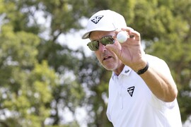 Former professional baseball player Johnny Damon reacts to his second shot  on the third hole during the pro-am ahead of LIV Golf Bedminster at the  Trump National Golf Club on Thursday, August