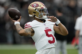 San Francisco 49ers safety Ji'Ayir Brown, left, tackles Las Vegas Raiders  running back Zamir White short of the goal line during the first half of an  NFL preseason football game, Sunday, Aug.