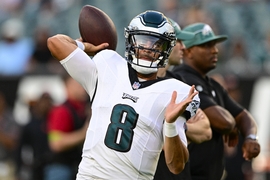 Cleveland Browns safety Ronnie Hickman Jr. intercepts a pass in front of Philadelphia  Eagles tight end Grant Calcaterra (81) during the first half of an NFL  preseason football game Thursday, Aug. 17