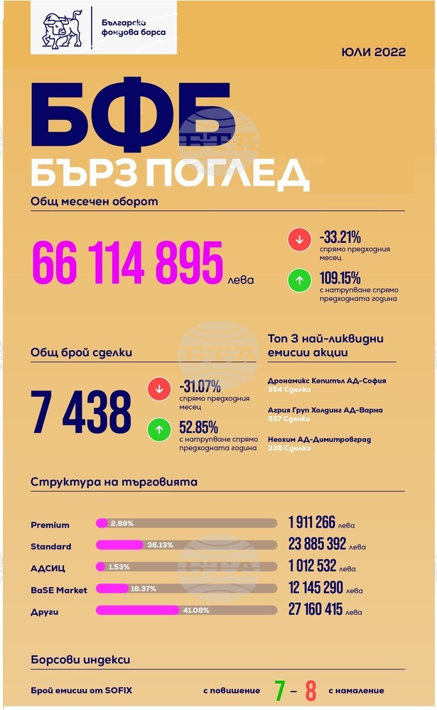 Оборотът на Българска фондова борса за юли е 66,11 млн. лв - с една трета надолу на месечна база